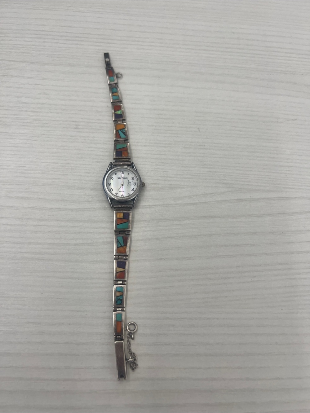 TSF Sterling Silver-Navajo inlay watch, Bracelet Clasp with Safety Chain